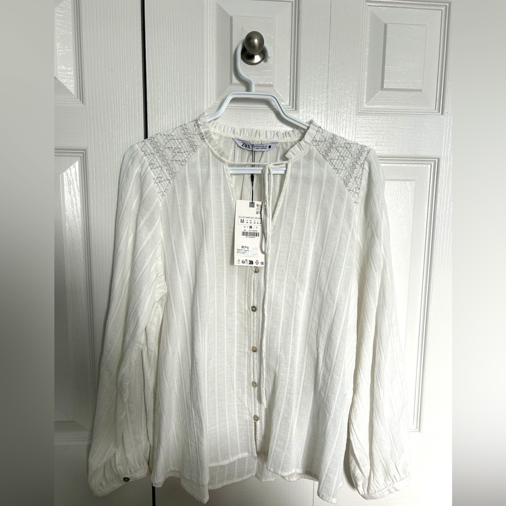 Zara Embroidered Cream Boho Blouse Long Sleeve Top Size M NWT